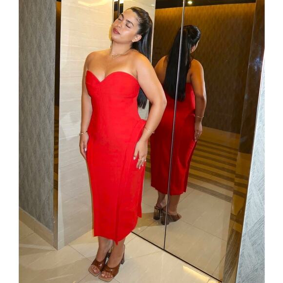 ❤️ ZARA Red Fitted Midi Dress NWT | Sweetheart Neck Off Shoulder M - Picture 8 of 15